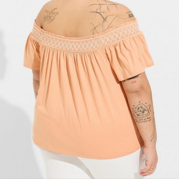 1X - Torrid | Cotton Modal Jersey Off Shoulder Smocked Yoke Top - Picture 4 of 5
